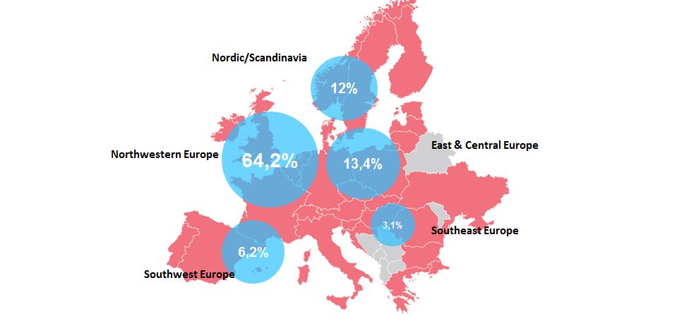 Map percentages of artists' nationalities represented in Liveurope